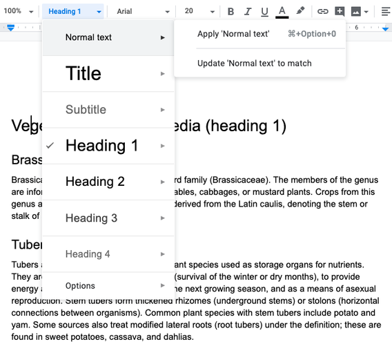 Screenshot: Google Docs tool bar with the headings menu unfolded