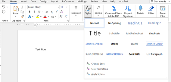 Screenshot: Microsoft Word ribbon with Styles button selected and Heading options